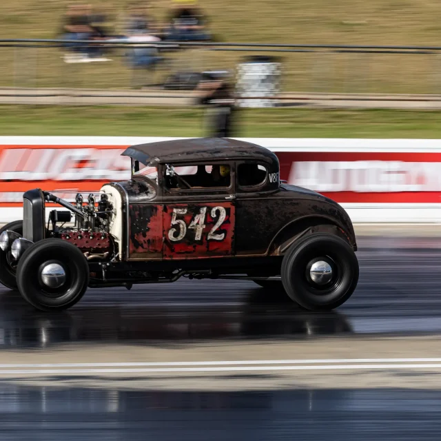 1932 Ford 3 Window Coupe, motion blur, on track at Santa Pod Raceway, Hot Rod drags