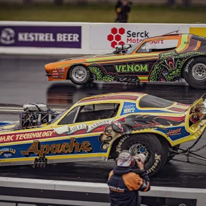 High powered, synchronised Funny Car drifting!
