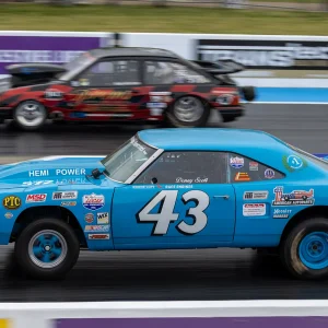 Donny Scott's Hemi Powered big blue Plymouth Super Bird racing in Super Gas at The Festival of Power 2025, Santa Pod Raceway