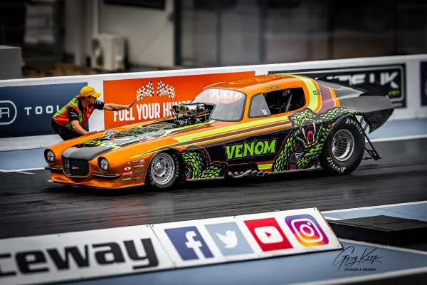 The Calm before the snake bites, the beautiful Venom Nostalgia Funny Car, staged & ready to strike at Santa Pod
