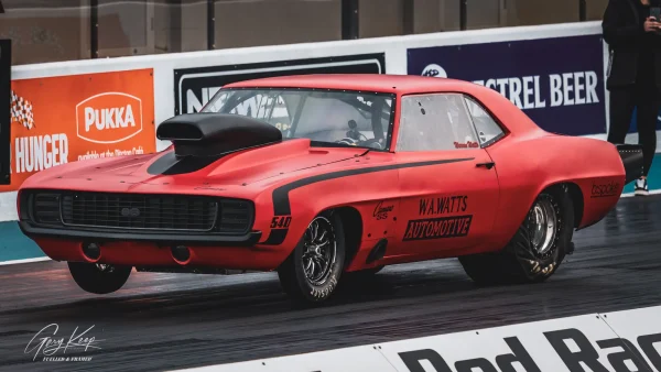 SS Camaro racing in Super Comp, Santa Pod Raceway