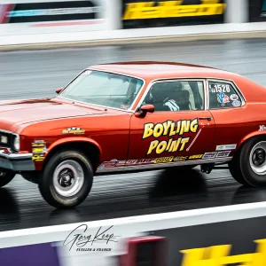 Gary Carr's 'Boliing Point Chevy Nova racing at Santa Pod